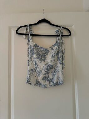 Reformation White Camisole with Blue Floral Tie Straps